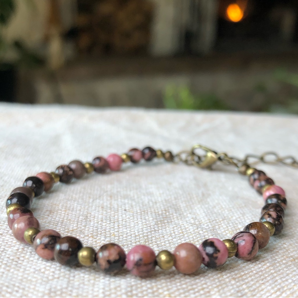 Dainty Pink Rhodonite Beaded Bracelet, Adjustable